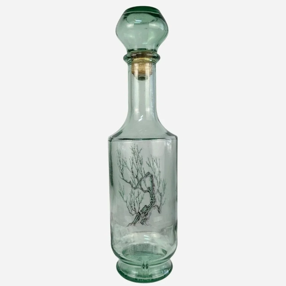 1960s MCM Art Glass Decanter Painted Blossom Branch